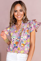 Pink Flutter Sleeve V Neck Floral Top