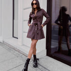 Loose Linen Lace-Up Long-Sleeve Mini Dress – 3 Colors, S–2XL
