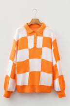 Light French Beige Checkered Pattern Polo Collar Loose Sweater