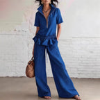 Women's Sleeveless Shirt & Wide-Leg Trousers Set – Solid Color 2-Piece