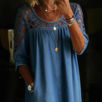 Women’s Loose Fit Hollow-Out Lace Denim Shirt
