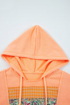 Grapefruit Orange Plaid Floral Patchwork Kangaroo Pocket Hooded Long Sleeve Top