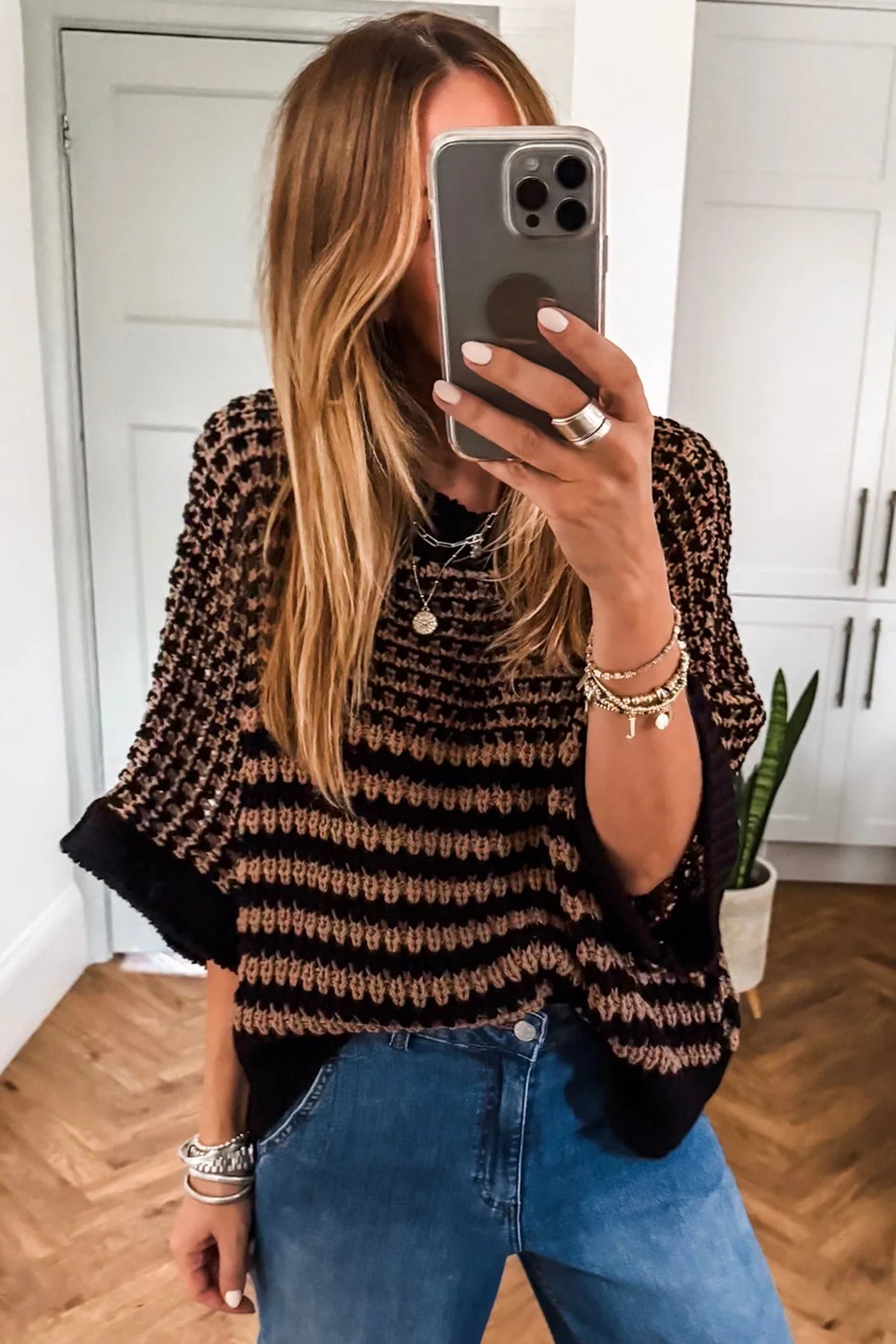 Red Stripe 3/4 Draped Sleeve Slouchy Sweater