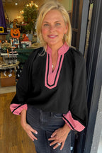Black Color Block Patchwork Detail V Neck Textured Long Sleeve Blouse