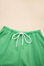 Mint Green V Neck Drop Shoulder Tee and Patchwork Drawstring Shorts Set