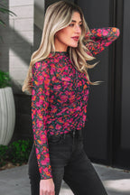 Pink Slim Fit Floral Mesh Long Sleeve Mock Neck Top