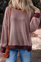 Black Stripe Ribbed Trim Drop Shoulder Long Sleeve Oversized Top