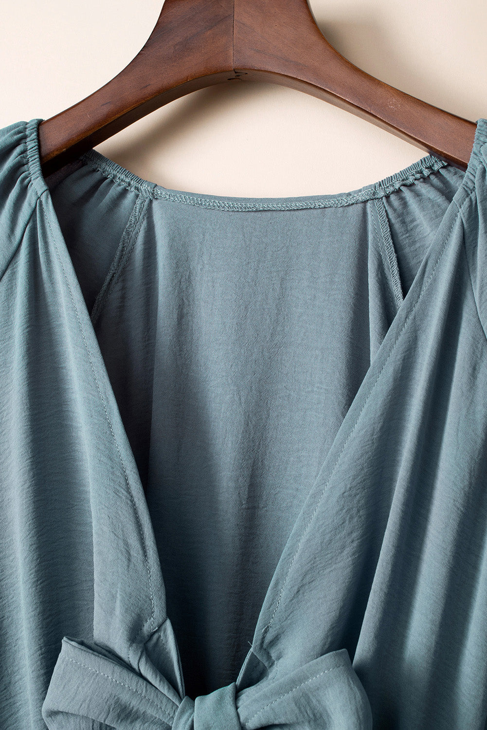 Gray Knot Front Casual Shirred Cuffs Puff Sleeve Romper