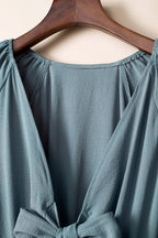 Gray Knot Front Casual Shirred Cuffs Puff Sleeve Romper