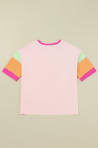 Pink Color Block Stitching Sleeve Round Neck Oversize Top