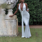 Solid Color Elegant Halter Deep V Waist-slimming Long Dress