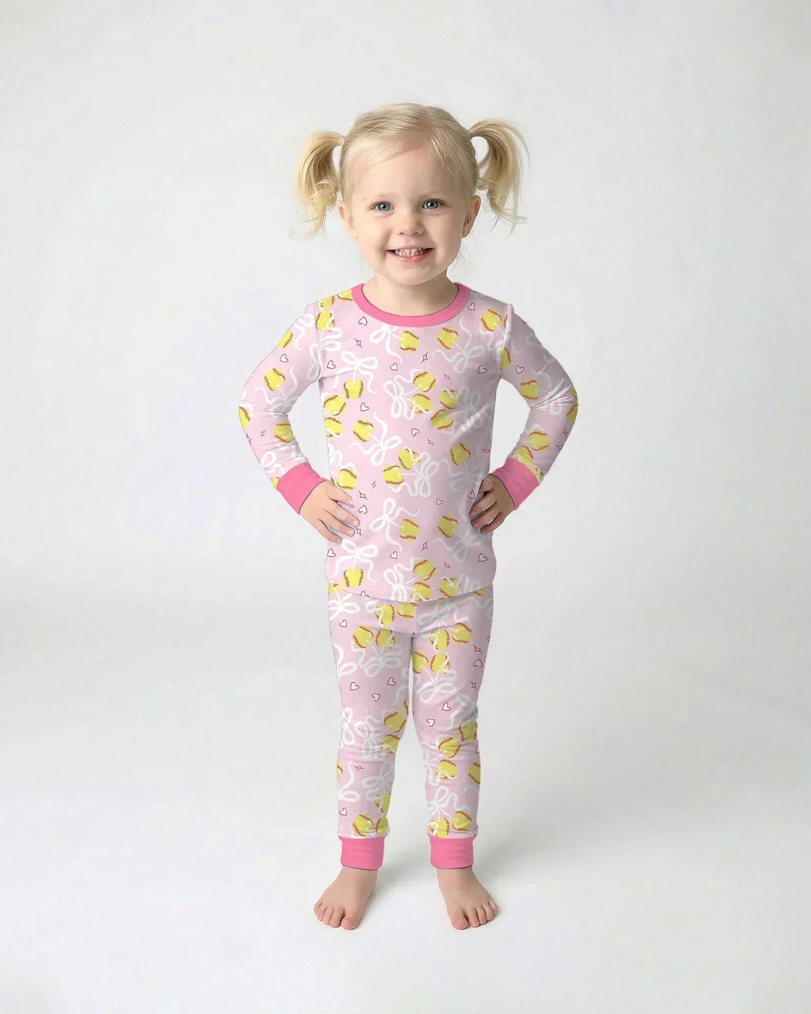Softball Cherry Mom And Girl Matching Bamboo Two Piece Long Sleeve Pajama Set