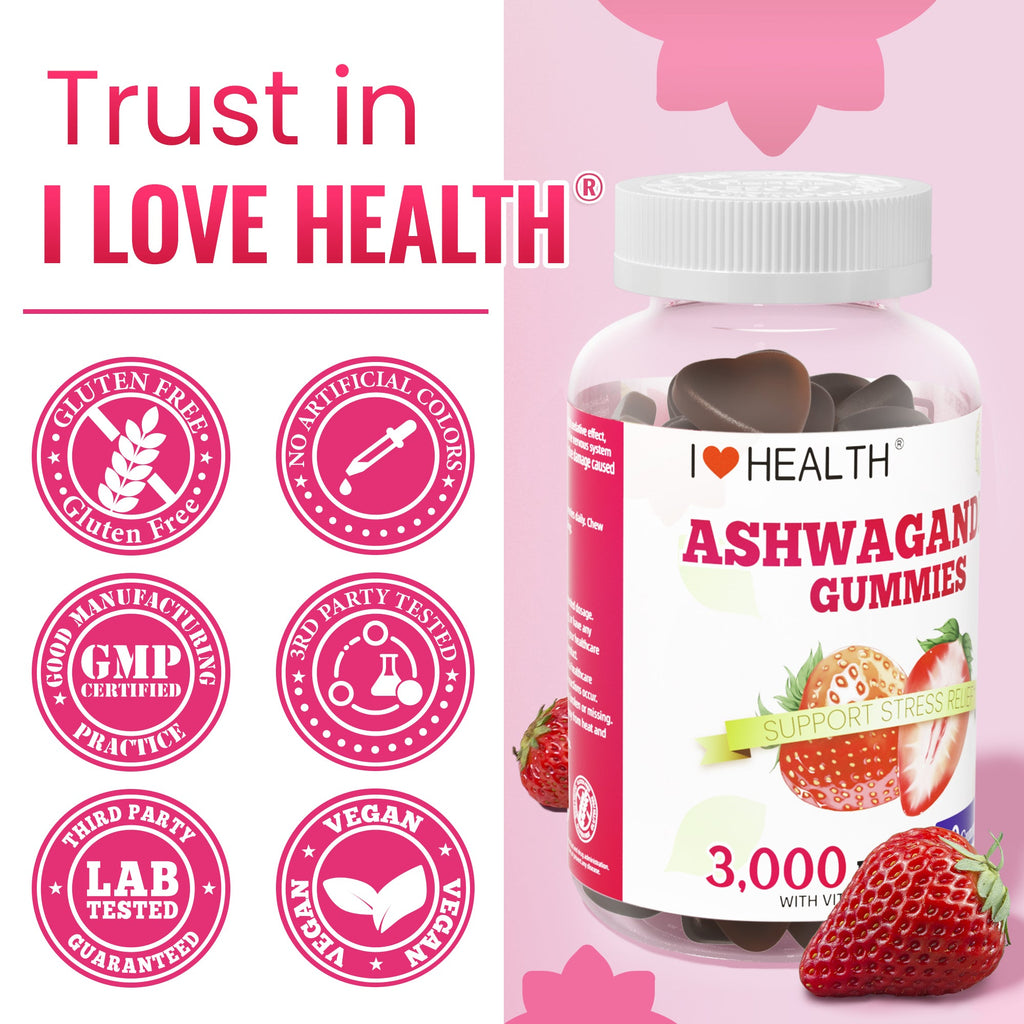 I Love Health Ashwagandha Gummies with Vitamin D2 - 3000mg Ashwagandha Extract (10:1) - Stress Relief, Sleep Support & Mood Calm - Strawberry Flavor - 60 Gummies - Non-GMO, Gluten-Free, 3rd Party Lab Tested, cGMP Certified