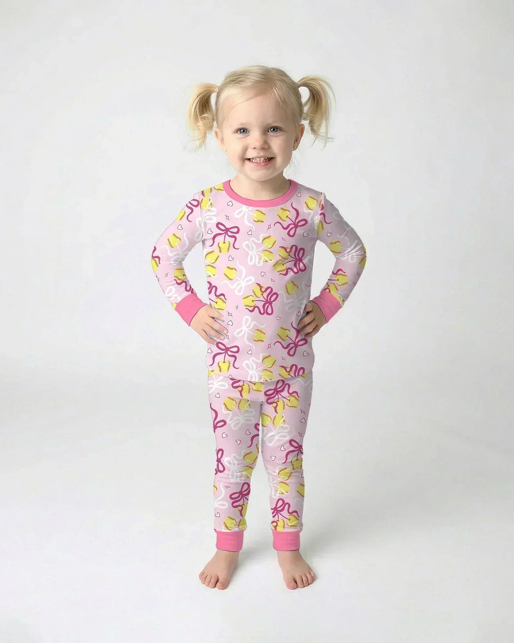 Softball Cherry Mom And Girl Matching Bamboo Two Piece Long Sleeve Pajama Set