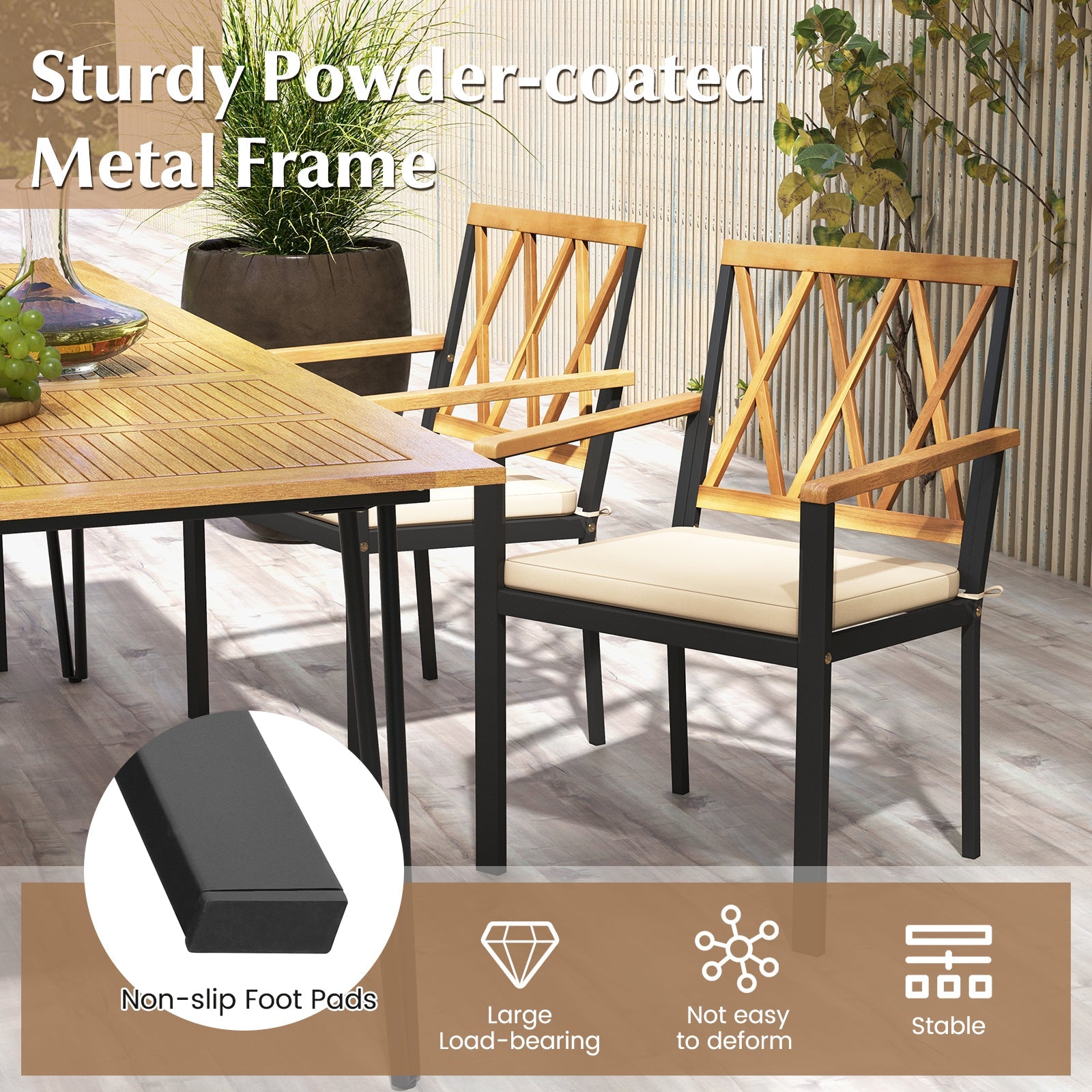 5 Piece Patio Acacia Wood Dining Set Solid Wooden Dining Furniture with Umbrella Hole