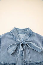 Real Teal Bowknot Neck Ruffled Sleeveless Chambray Dress