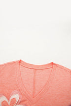 Fresh Salmon Floral Patched V Neck Long Sleeve Top
