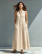 Women's Stand-Collar A-Line Maxi Dress – Resort & Vacation Style