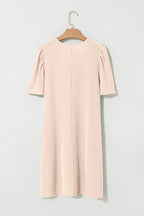 Bright Pink Corded Crew Neck Puff Sleeve Mini Dress