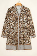 Brown Leopard Print Striped Patchwork 3/4 Sleeve Loose Mini Dress