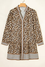 Brown Leopard Print Striped Patchwork 3/4 Sleeve Loose Mini Dress