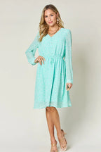Double Take Full Size Printed Ruched V-Neck Long Sleeve Dress