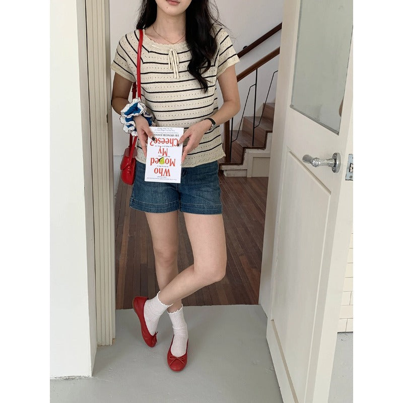 Womens Solid-Color Hollowed-Out Lace-Up Decorated Square-Neck Striped Short-Sleeve Top