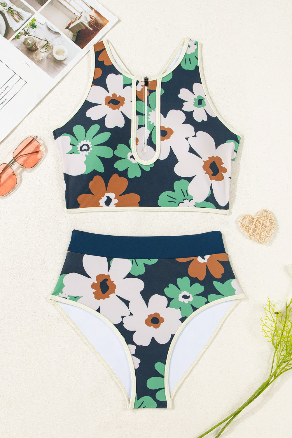 Blue Flower Zip Collar High Waist Bikini Set