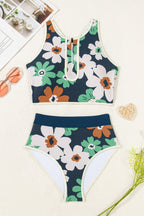 Blue Flower Zip Collar High Waist Bikini Set