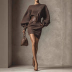Women’s Brown Bodycon Mini Dress — Boat Neck, Long Sleeve