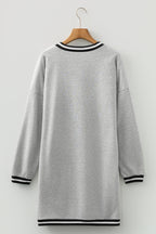 Light Grey Striped Trim V Neck Long Sleeve Preppy T Shirt Dress