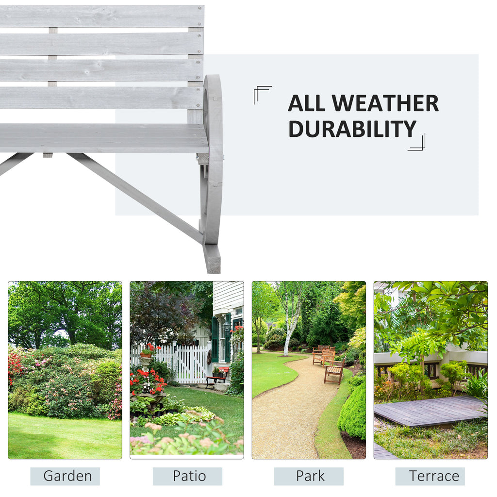 41" Wooden Wagon Wheel Bench Rustic Outdoor Patio Weather Resistance Furniture 2-Person Slatted Seat Bench with Backrest Light Gray