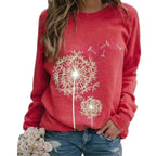 Womens Dandelion-Print Crew-Neck Long-Sleeve Loose Casual Sweatshirt