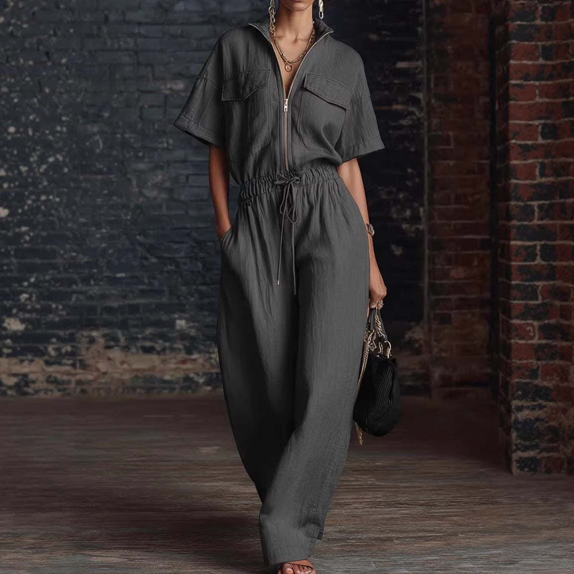 Women’s Stand Collar Sleeveless Wide-Leg Jumpsuit