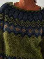 Full Size Vintage Patterned Round Neck Sweater Plus Size
