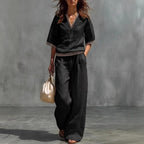 V-Neck Short-Sleeve Shirt & Pants Set – Cotton-Linen Two-Piece