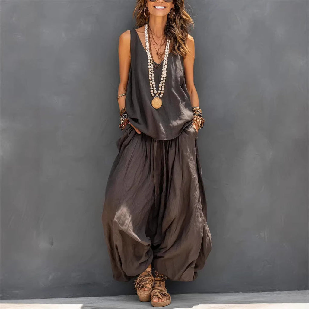 Women’s Cotton Linen Sleeveless Tank Top and Wide-Leg Pants Set