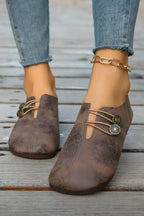 Coffee Button Detail Vintage Faux Leather Loafer Shoes