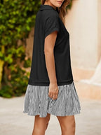 Fisoew Striped Patchwork Polo V‑Neck Mini Dress with Pockets