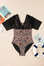 Black Mesh Patchwork V Neck Half Sleeve Bodycon One Piece Swimwear