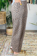 Blue Leopard Print Drawstring Waist Pocketed Wide Leg Jeans