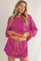 Evergreen Contrast Trim Loose Pullover and Lace-up Waist Skort Set
