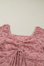 Peach Blossom Drawstring Knot Detail Floral Lace Blouse