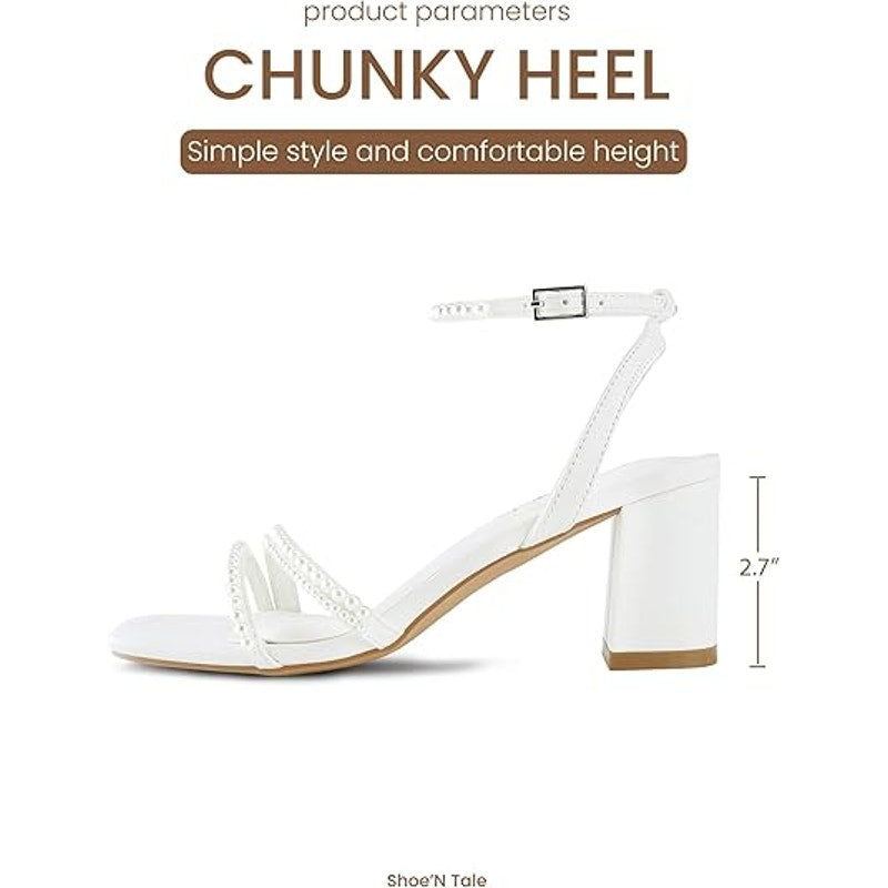 Shoe'N Tale Womens 5 White Pearl Open Toe Ankle Strap 3" Block Heel Sandal Shoes