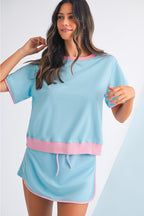 Black Colorblock Edge Drop Shoulder T Shirt and Skort 2Pcs Set