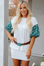 White Contrast Floral Puff Sleeve Oversized Top