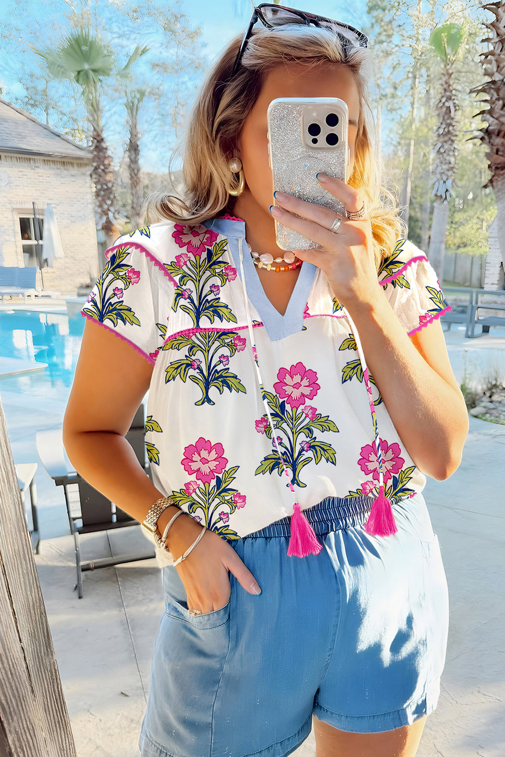 Rose Vintage Floral Print Notched V Neck Plus Size Blouse