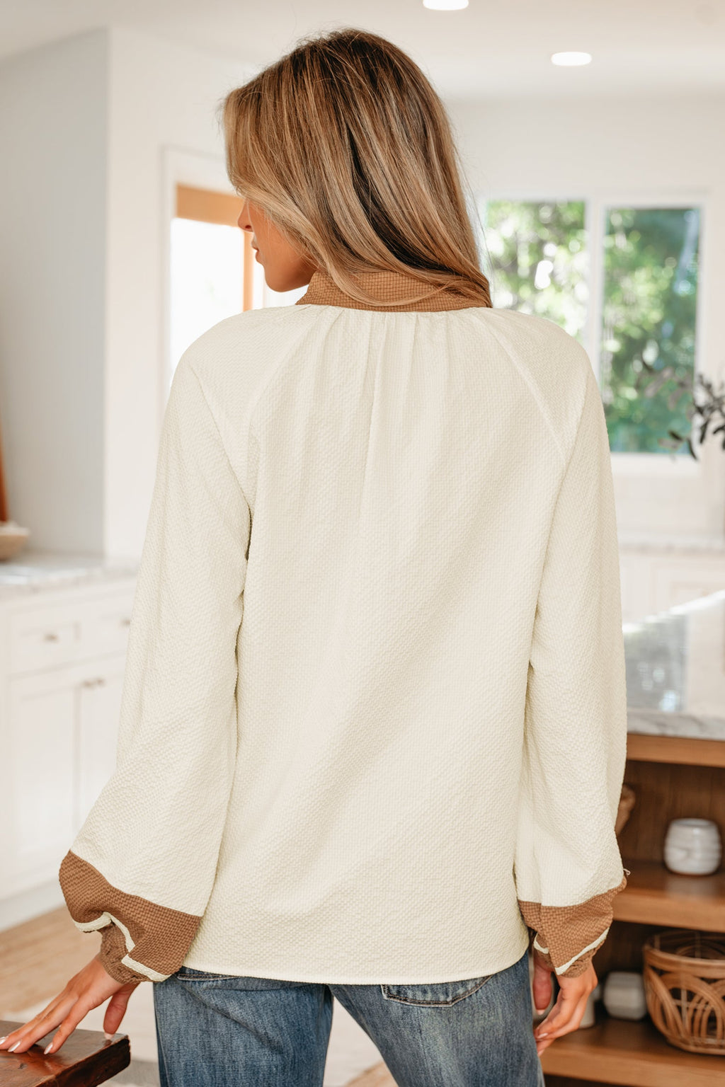 Black Color Block Patchwork Detail V Neck Textured Long Sleeve Blouse