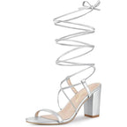 Allegra K Womens Size 9 Silver 3.5" Chunky Heel Lace Up Open Round Toe Shoes