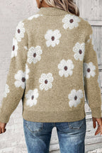 Khaki Vintage 60s Floral Pattern Half Zip Collar Drop Shoulder Sweater